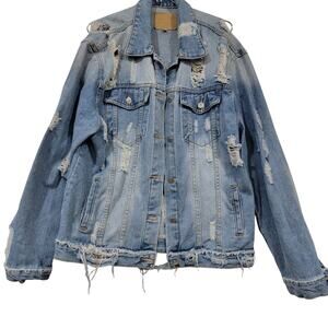 Womens Distressed Relaxed Faded Denim Jacket Street Art Punk Rugged Rebellious